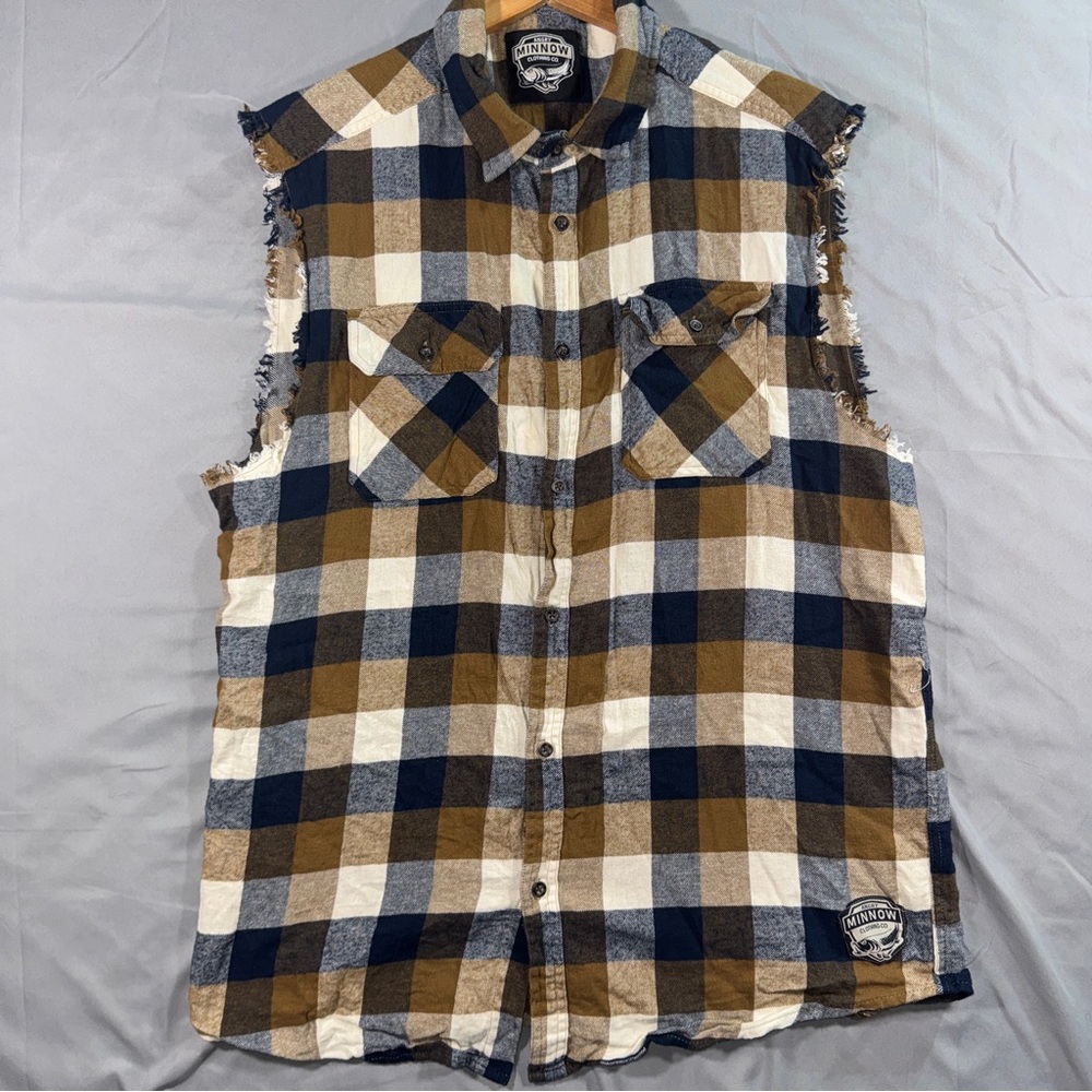 Angry Minnow Shirt Mens Large Blue Brown Flannel Plaid Sleeveless Busch Light